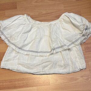 Zara Off-Shoulder Ruffle Crop Top in Ivory with Contrast Stitch